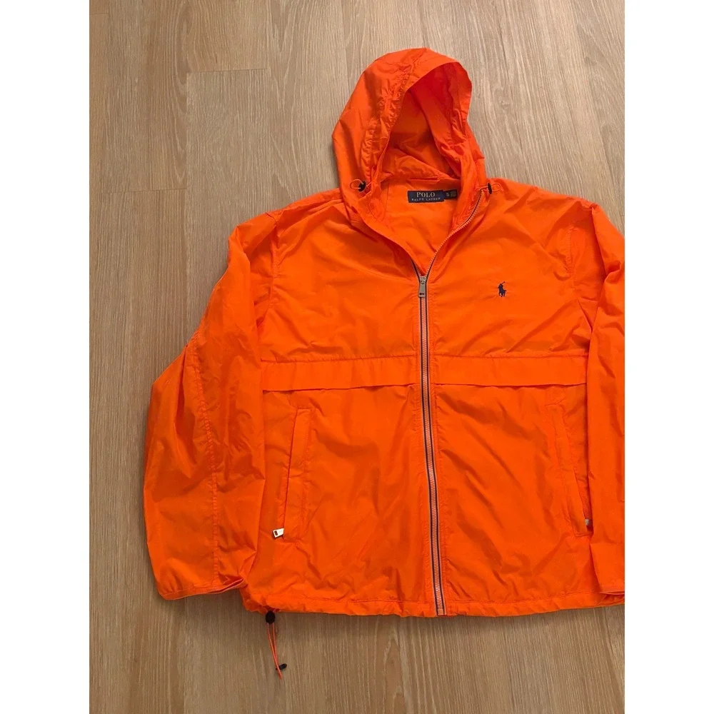 Polo Ralph Lauren Mens XL Orange Hooded Full Zip Windbreaker Jacket Navy Pony